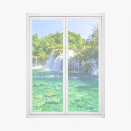 Pegatina para ventana cascada esmeralda en bosque frondoso – Pixers®