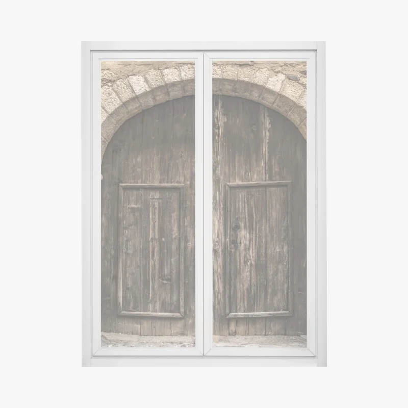Pegatina para ventana puerta rústica de madera con arco de piedra