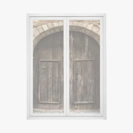 Pegatina para ventana puerta rústica de madera con arco de piedra – Pixers®