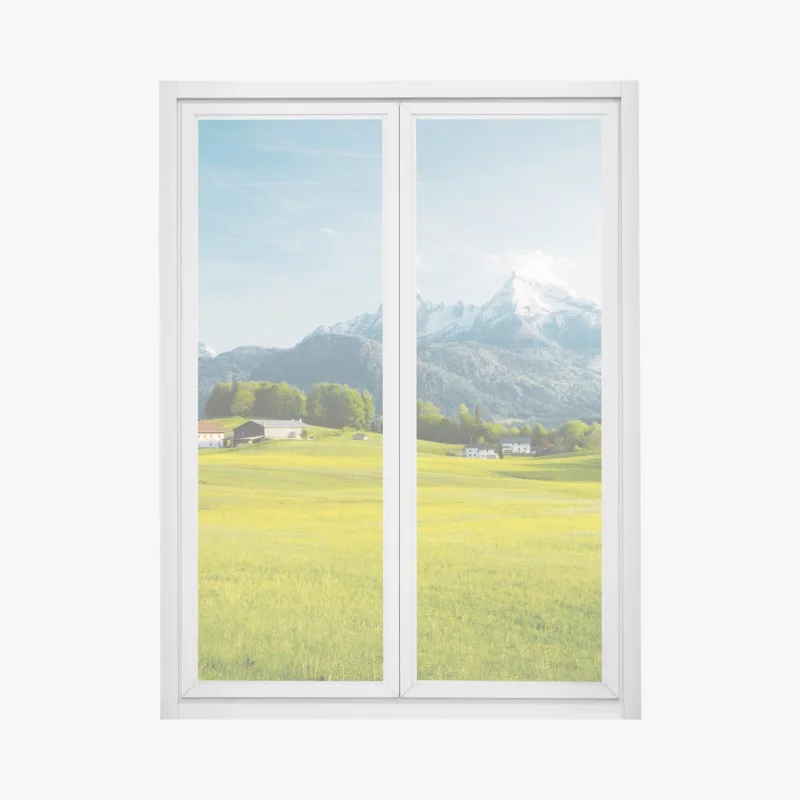Pegatina para ventana serenidad alpina: pradera y cumbres nevadas