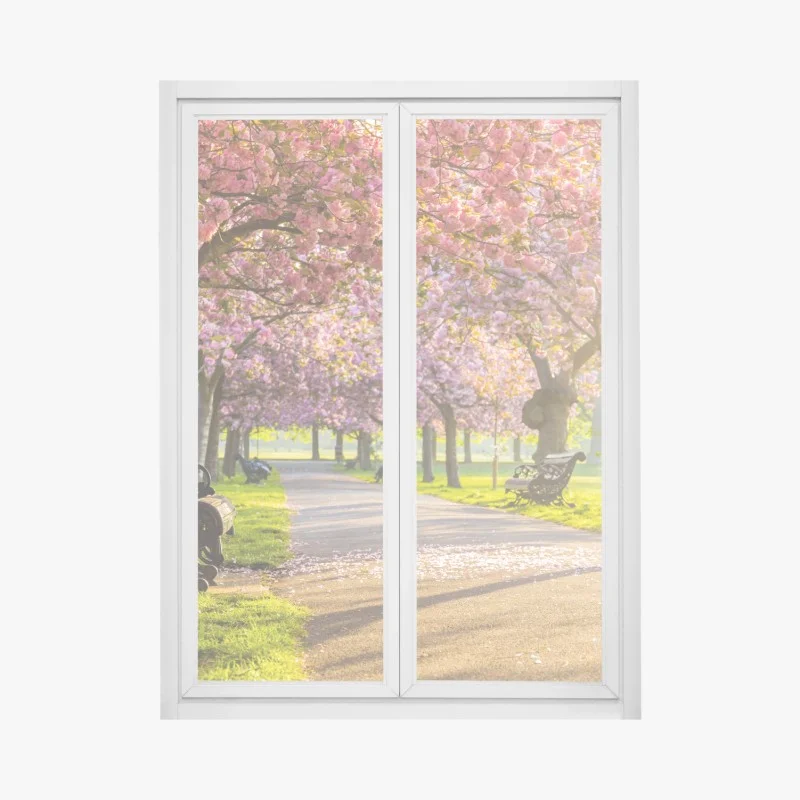 Pegatina para ventana senda de cerezos en flor al amanecer