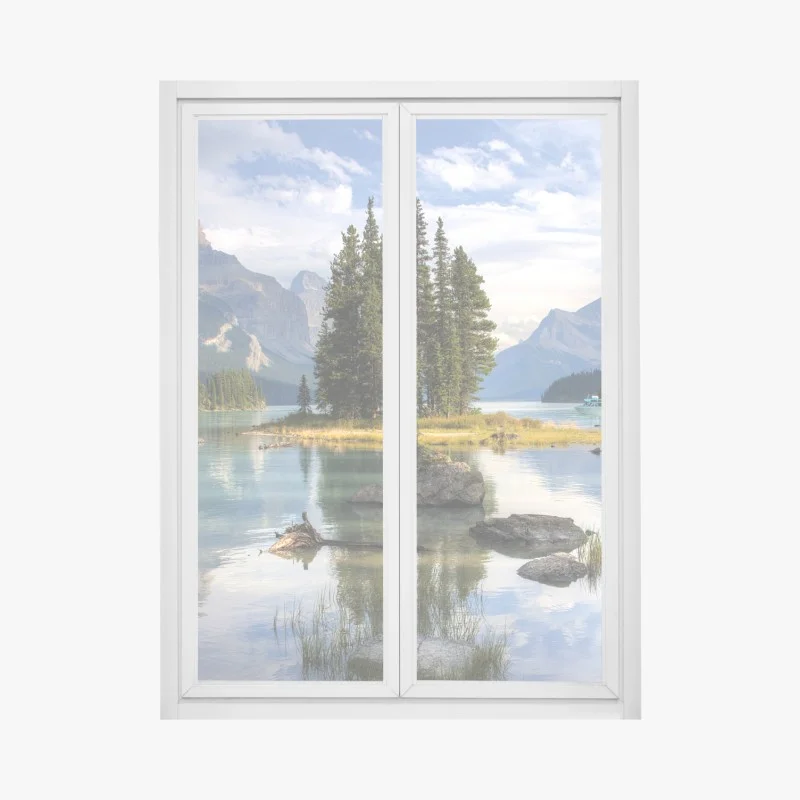 Pegatina para ventana lago montañoso con isla de pinos