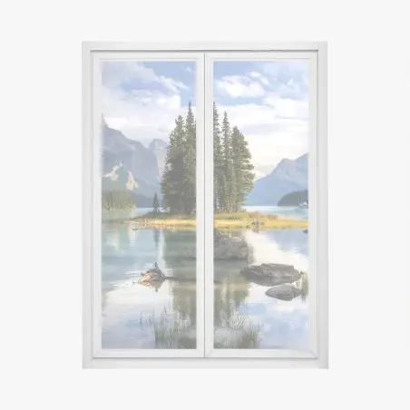Pegatina para ventana lago montañoso con isla de pinos – Pixers®