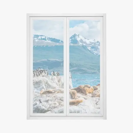 Pegatina para ventana colonia de lobos marinos y aves marinas frente a montañas nevadas – Pixers®