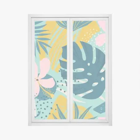 Pegatina para ventana diseño tropical moderno con hojas de monstera y hibisco – Pixers®
