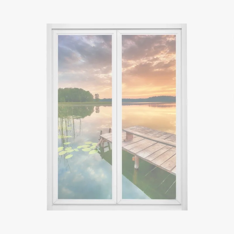 Pegatina para ventana amanecer dorado en el lago