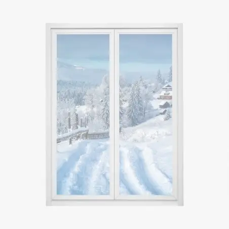 Pegatina para ventana sendero hacia el pueblo alpino nevado – Pixers®