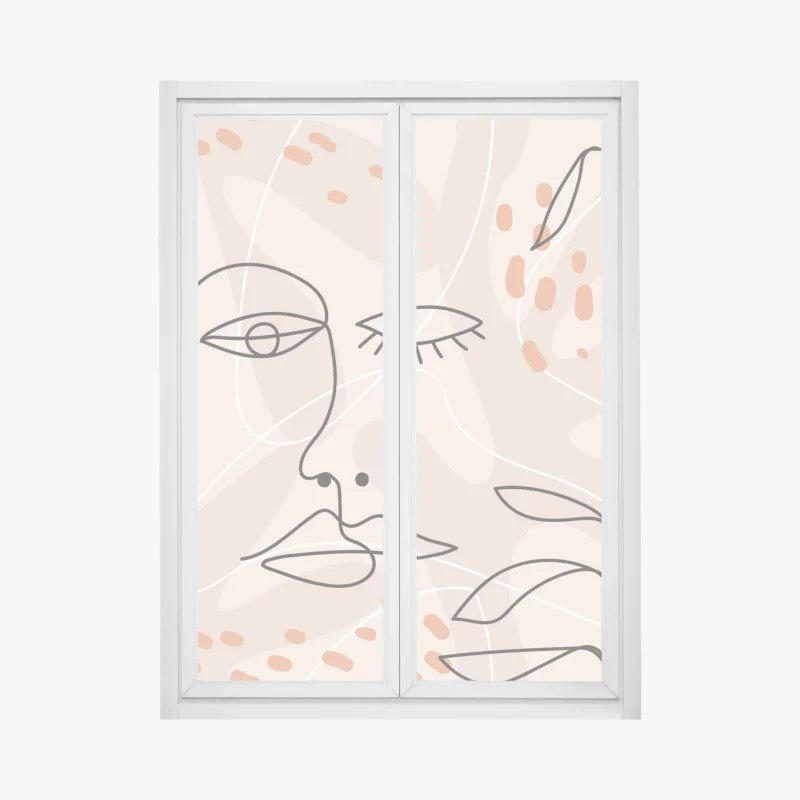 Pegatina para ventana rostros abstractos en tonos tierra y hojas