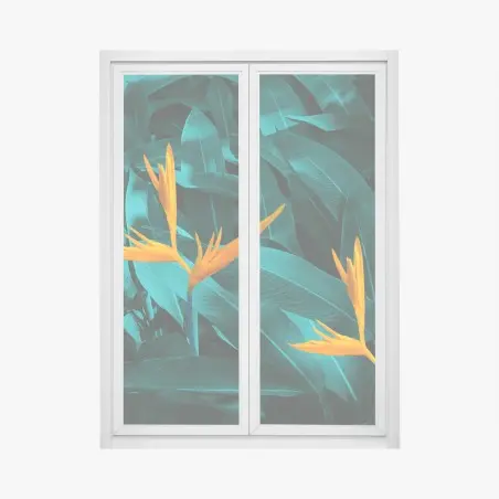 Pegatina para ventana flores tropicales ave del paraíso sobre follaje esmeralda – Pixers®