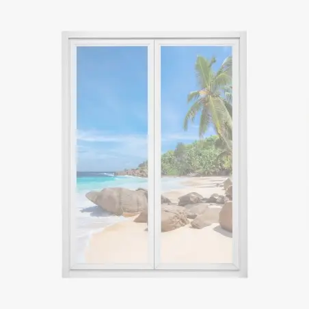 Pegatina para ventana escena de playa tropical con palmeras y rocas – Pixers®