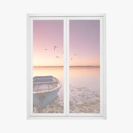 Pegatina para ventana barca azul en la orilla al amanecer – Pixers®