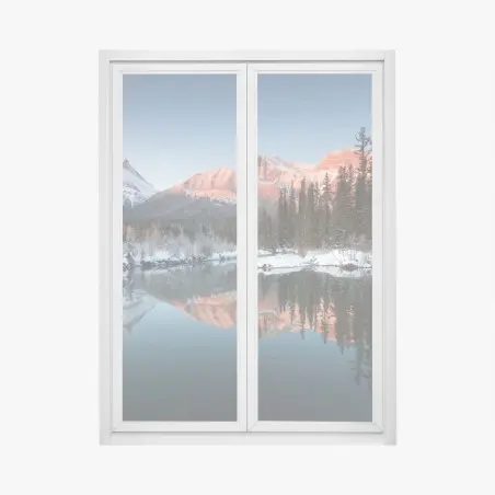 Pegatina para ventana amanecer en montañas nevadas con reflejo en lago – Pixers®