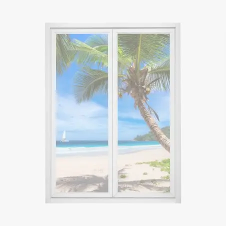 Pegatina para ventana escena de playa tropical con palmera inclinada y velero – Pixers®