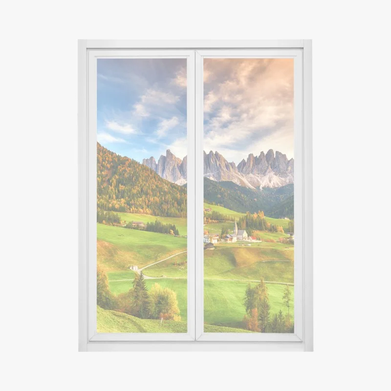 Pegatina para ventana amanecer en Santa Maddalena, Dolomitas