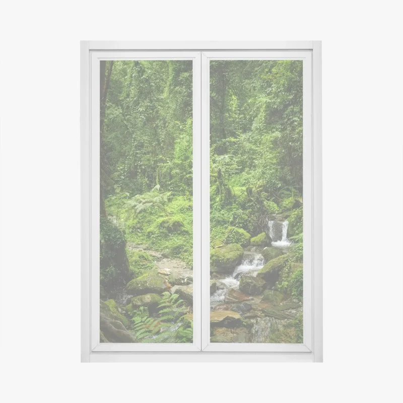 Pegatina para ventana escena de bosque esmeralda con arroyo