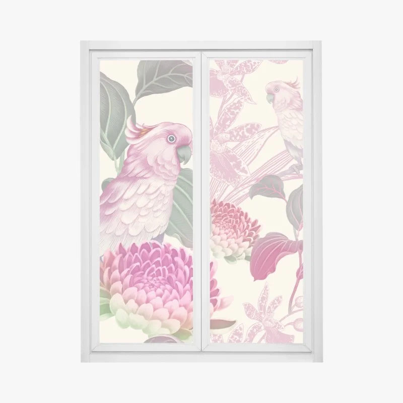Pegatina para ventana cacatúas y flores tropicales en tonos pastel