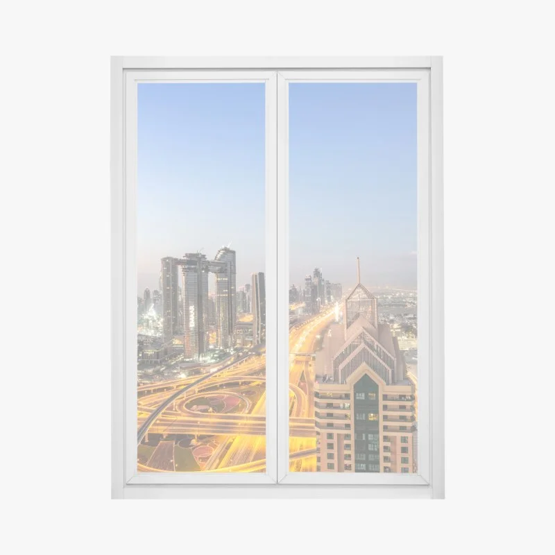 Pegatina para ventana amanecer en Dubai: horizonte de rascacielos