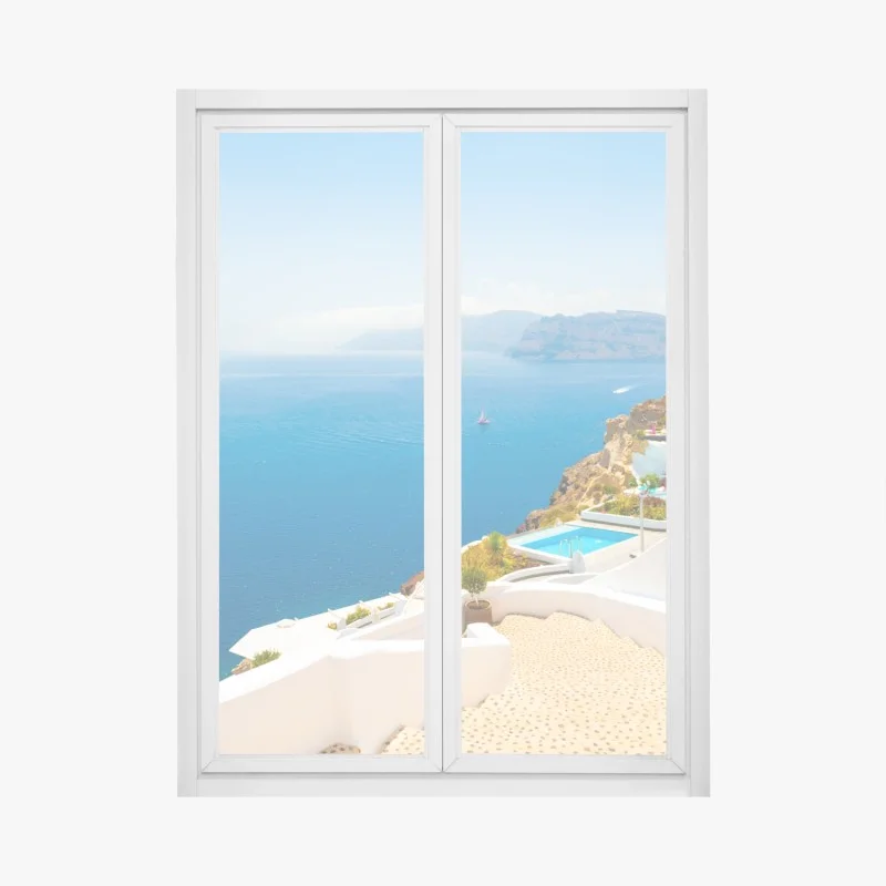 Pegatina para ventana vistas de Santorini: mar azul y arquitectura blanca
