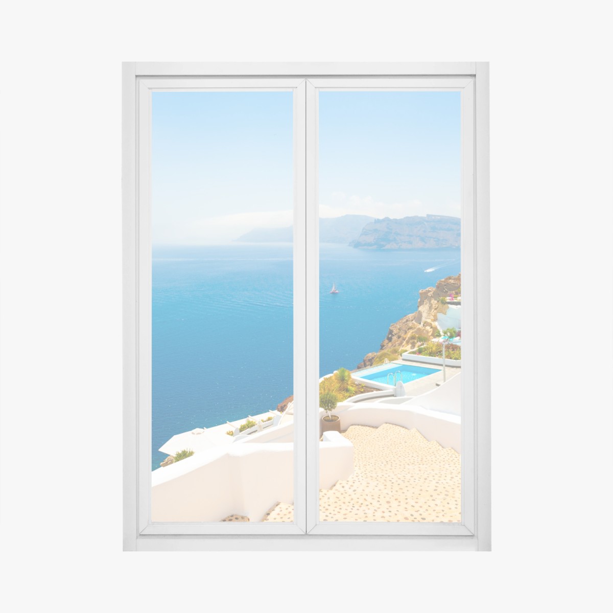 Pegatina para ventana vistas de Santorini: mar azul y arquitectura blanca – Pixers®