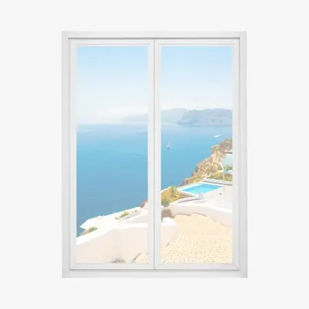 Pegatina para ventana vistas de Santorini: mar azul y arquitectura blanca – Pixers®