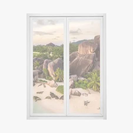 Pegatina para ventana escena del paraíso rocoso en La Digue, Seychelles – Pixers®