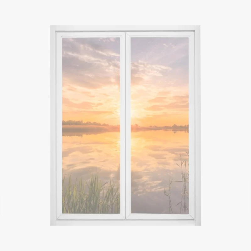 Pegatina para ventana puesta de sol dorada sobre el lago