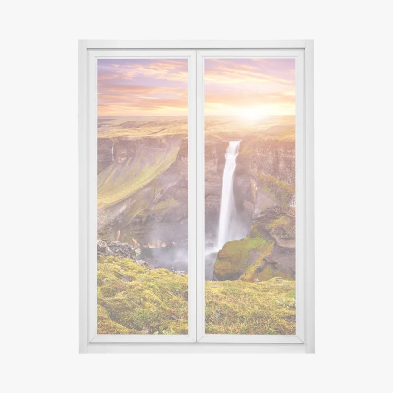 Pegatina para ventana amanecer en Haifoss, cascada de Islandia