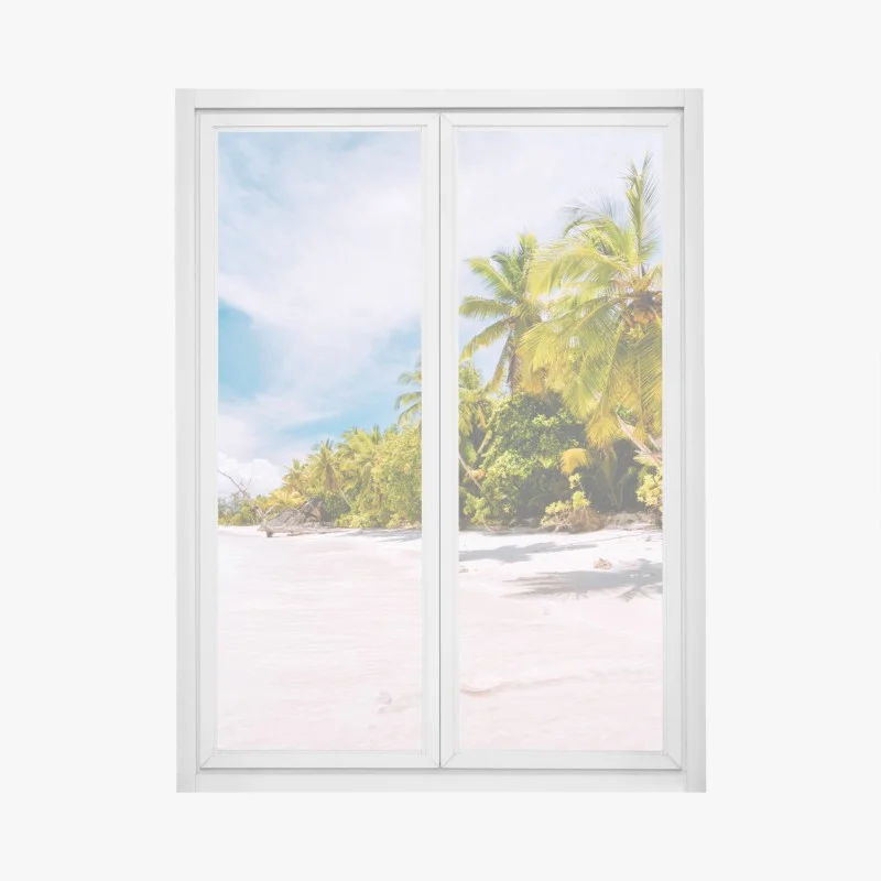 Pegatina para ventana playa tropical con palmeras y arena blanca