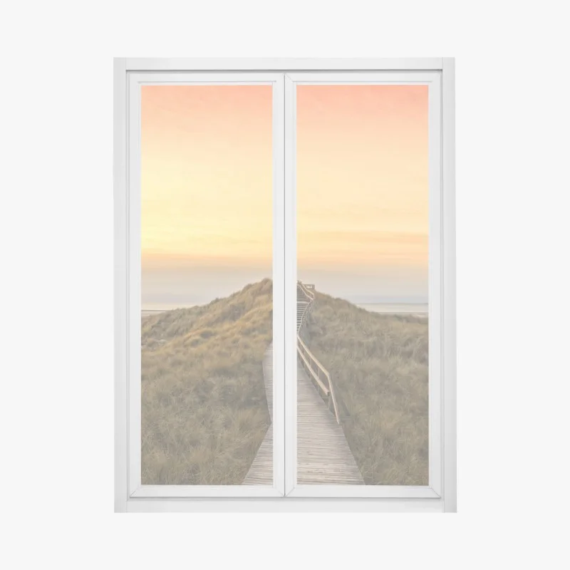 Pegatina para ventana sendero de madera hacia la playa de Norddorf en Amrum al atardecer