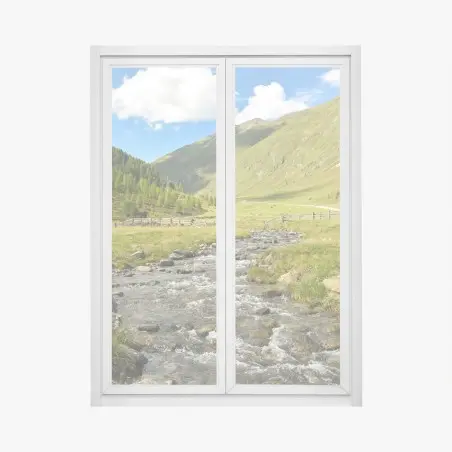Pegatina para ventana panorama de valle alpino con arroyo cristalino – Pixers®