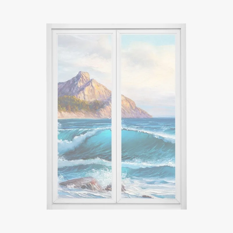 Pegatina para ventana olas azules y acantilados dorados