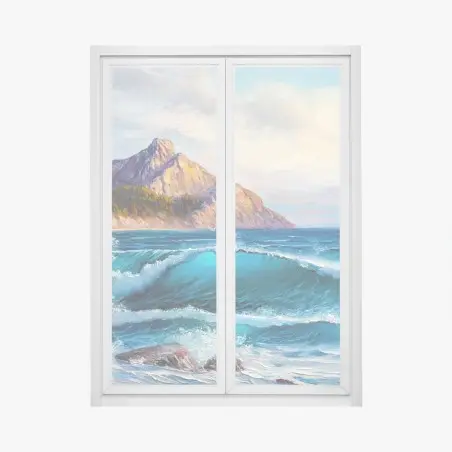 Pegatina para ventana olas azules y acantilados dorados – Pixers®