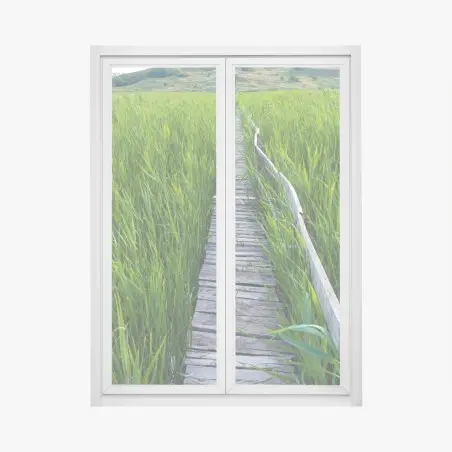 Pegatina para ventana sendero de madera entre juncos hacia la cabaña – Pixers®