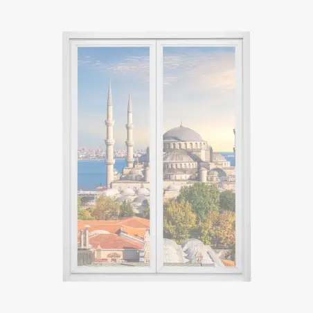 Pegatina para ventana panorámica de la mezquita de Estambul al atardecer – Pixers®
