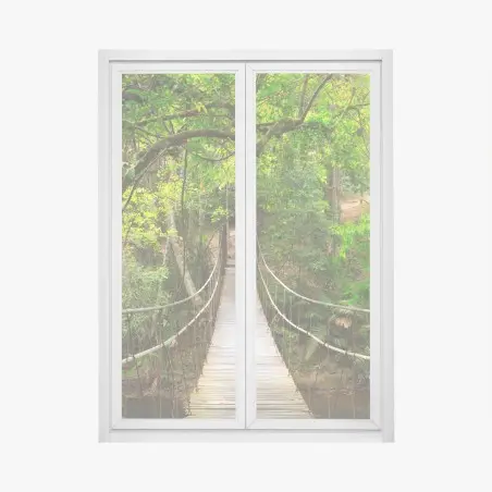 Pegatina para ventana pasarela de madera en bosque frondoso – Pixers®