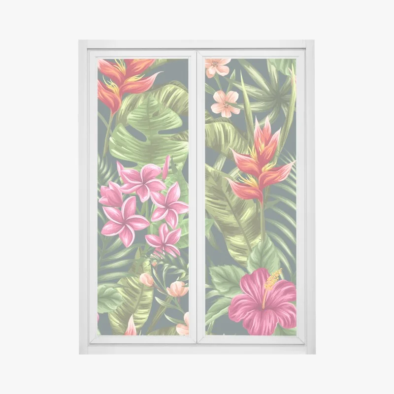 Pegatina para ventana diseño floral tropical con hibisco y plumeria