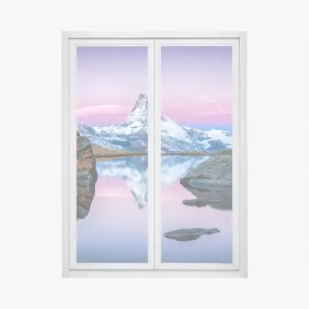 Pegatina para ventana reflejo del Matterhorn en lago alpino al amanecer – Pixers®
