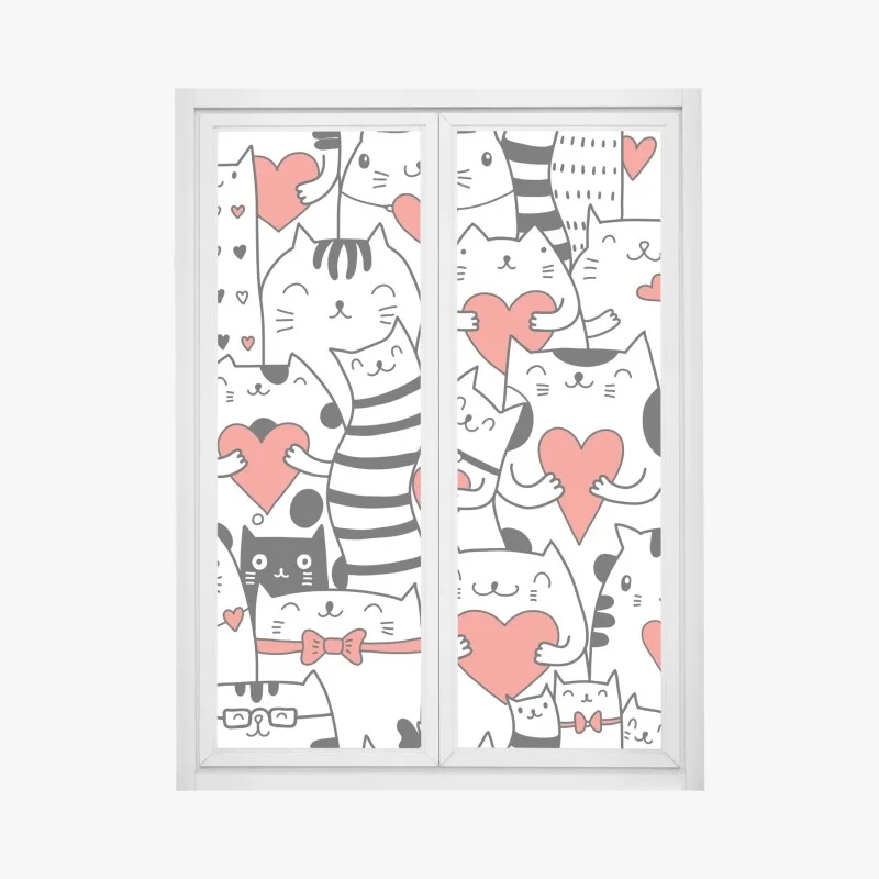 Pegatina para ventana patrón de gatos con corazones