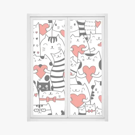 Pegatina para ventana patrón de gatos con corazones – Pixers®