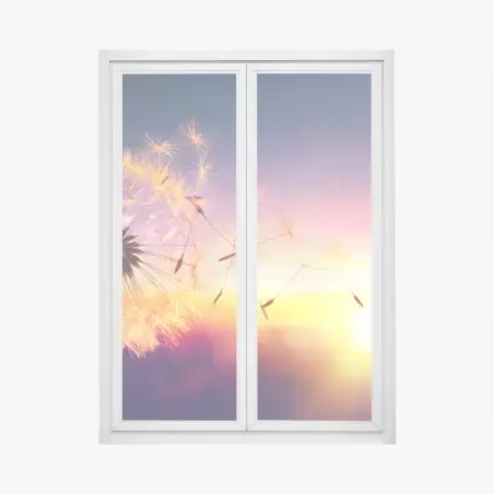 Pegatina para ventana diente de león al viento en atardecer dorado – Pixers®