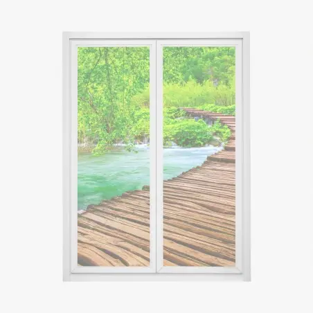 Pegatina para ventana sendero de madera sobre río esmeralda – Pixers®