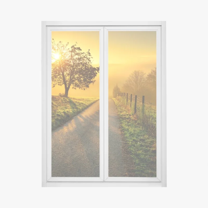 Pegatina para ventana amanecer dorado en la colina