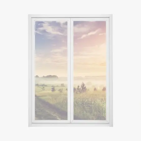 Pegatina para ventana amanecer brumoso en la pradera dorada – Pixers®
