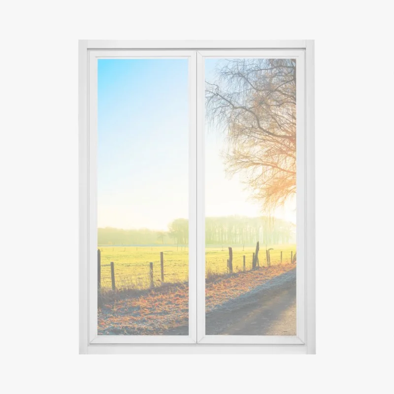 Pegatina para ventana camino rural al amanecer con luz dorada