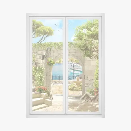 Pegatina para ventana rincón mediterráneo junto al puerto – Pixers®
