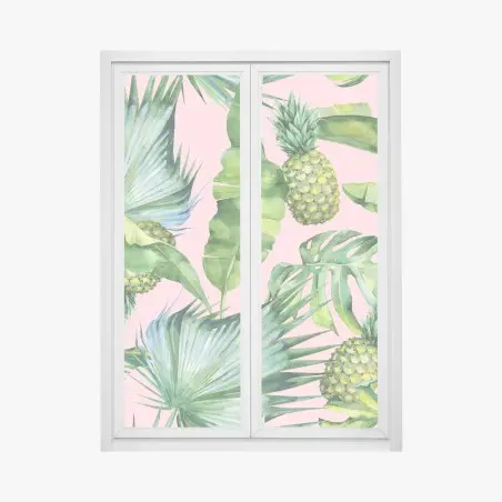 Pegatina para ventana diseño tropical acuarelado de piñas y hojas verdes – Pixers®