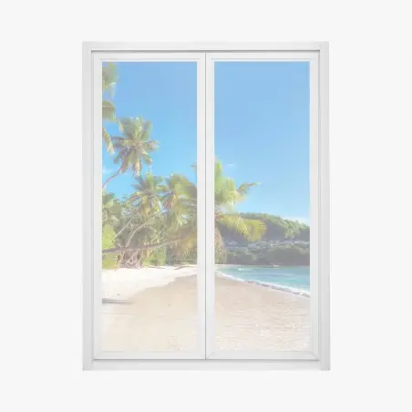 Pegatina para ventana playa tropical con palmeras y mar turquesa – Pixers®