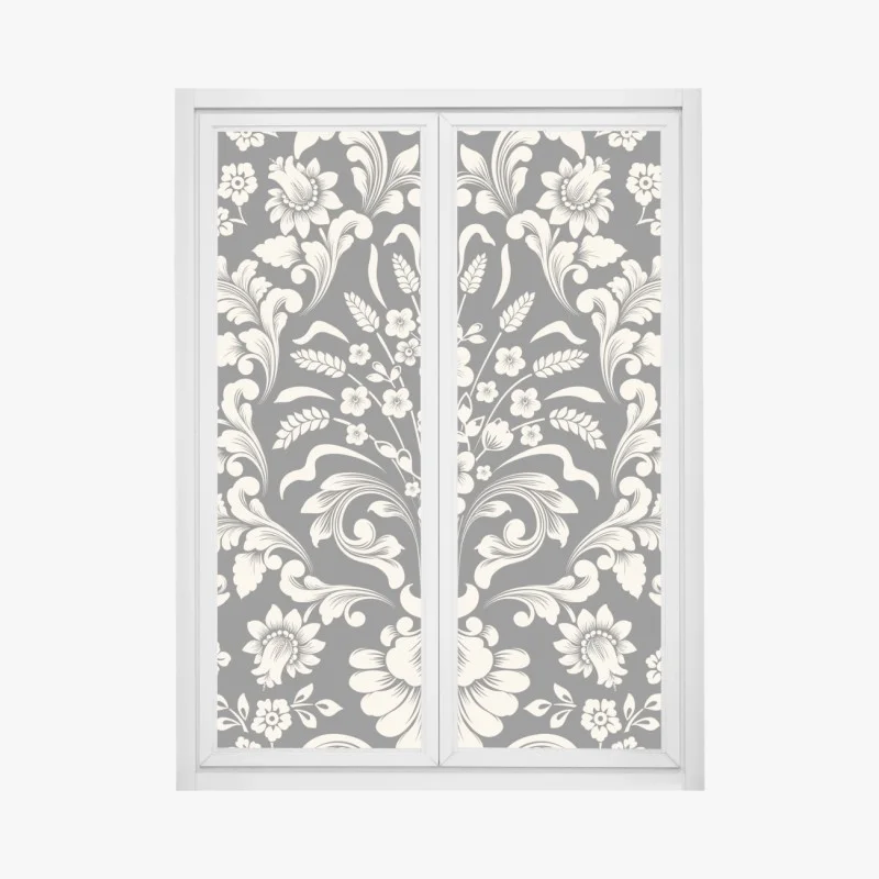 Pegatina para ventana motivo damasco floral en tonos crema y gris oscuro