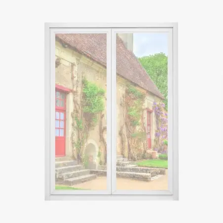 Pegatina para ventana fachada rústica con puertas rojas y glicinia – Pixers®