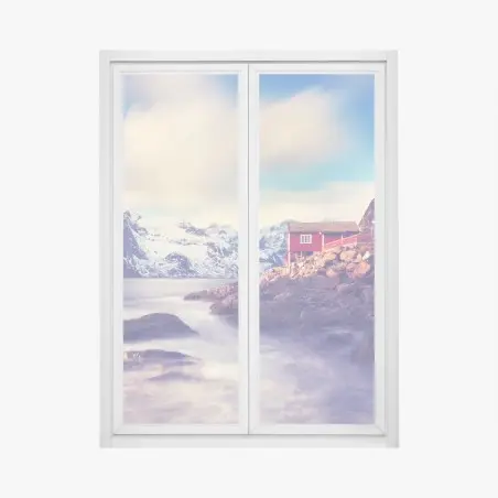Pegatina para ventana cabañas rojas junto al fiordo bajo montañas nevadas – Pixers®